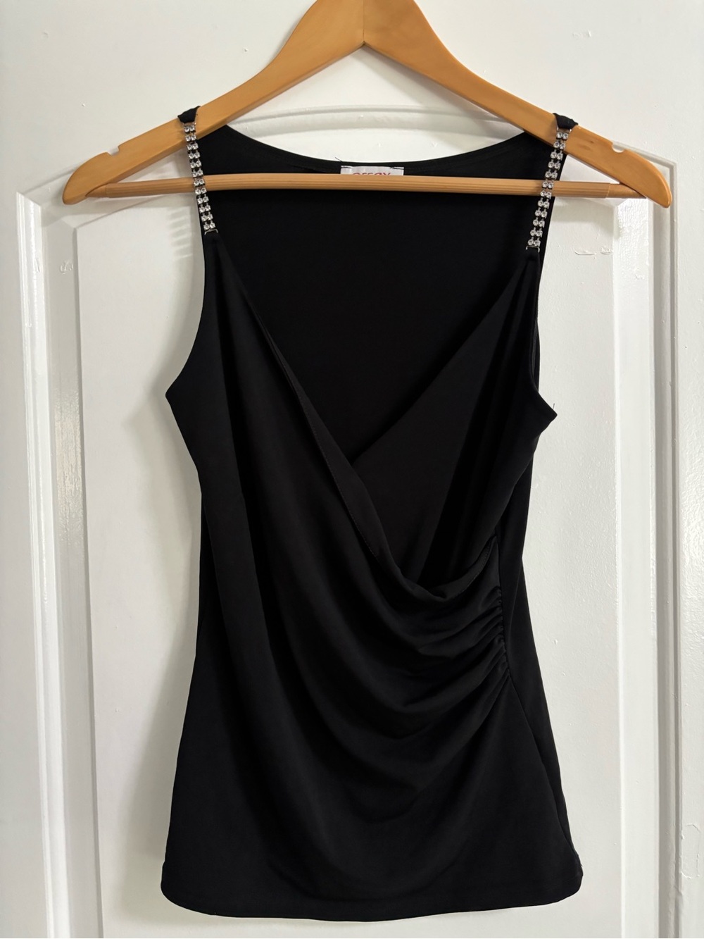 Black Draped Cowl Tank with Rhinestone Straps